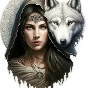 Plaque métal : Femme au médaillon & loup blanc - 36x45cm