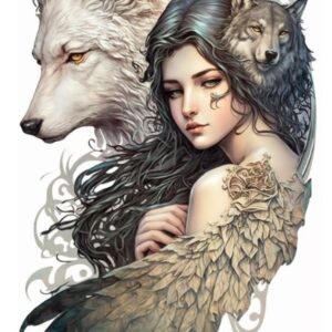 Plaque métal : Femme ailée, loups blanc & gris - 29,5x48cm