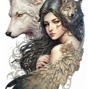 Plaque métal : Femme ailée, loups blanc & gris - 29,5x48cm