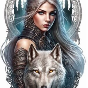 Plaque métal : Femme & loup devant elle (bleu) - 30x48cm