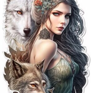 Plaque métal : Femme avec rose dans les cheveux et 2 loups (droit) - 29,5x48cm