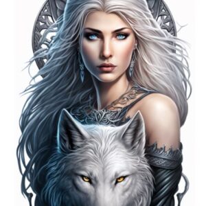 Plaque métal : Femme d'hiver & loup blanc - 31x48cm