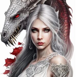 Plaque métal : Femme & dragon rouge-blanc - 29x48cm