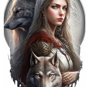 Plaque métal : Femme avec 2 loups - 30x48cm