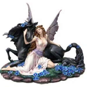 Fée rose agenouillée avec licorne - L33 x H25,5cm