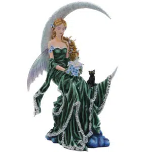Fée verte assise sur lune - 30cm
