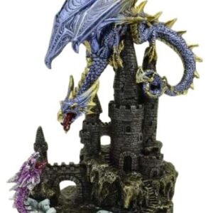 Dragon bleu sur château près de la mer - 27,3cm