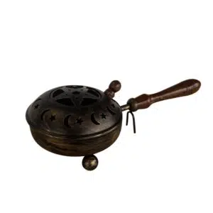 Encensoir en métal noir et pentacle couleur bronze (avec manche en bois)