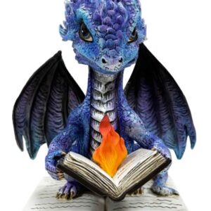 Dragon bleu lisant sur un livre - 13cm