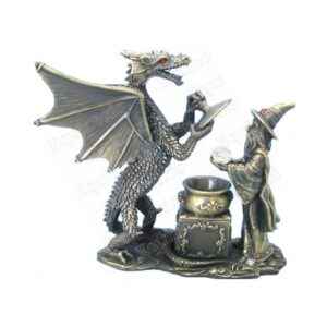 Magicien & dragon devant un chaudron (étain) - 12cm