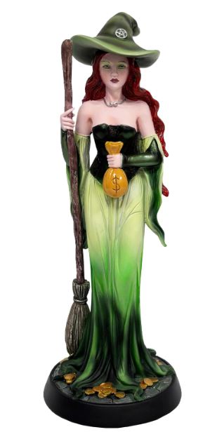 Sorcière verte avec balai & bourse - 21cm