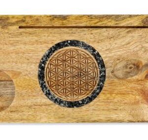 Porte-cartes Fleur de vie tourmaline et pyrite bois de manguier - 21cm*13cm