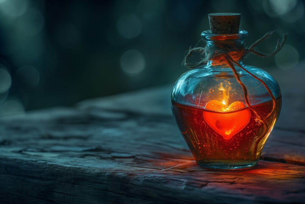Flacon avec un cœur lumineux évoquant une potion d'amour.