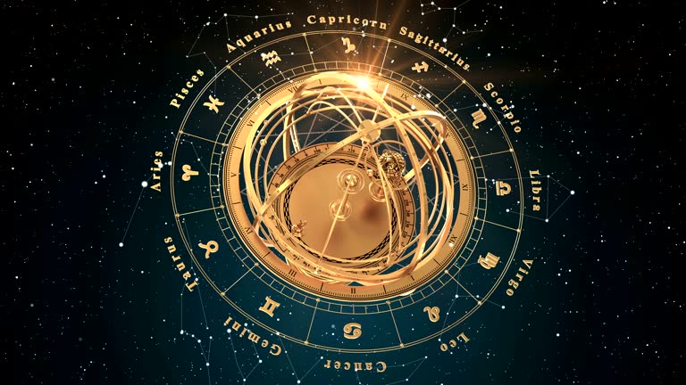 Globe astronomique doré au centre d'un disque zodiacal dans un ciel étoilé.