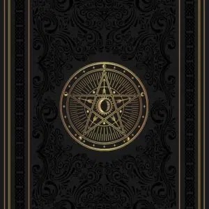 Couverture grimoire noir pentacle lunaire.