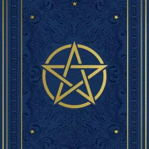 Couverture grimoire vierge pentagramme bleu et doré.