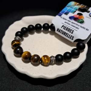 Bracelet perles Œil de tigre & Onyx (dépoli) - 10mm