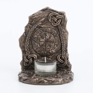 Photophore 'Veronese Design' Porte-bougie en résine Viking : Vegvisir Runestone (Finition bronze, 15cm).